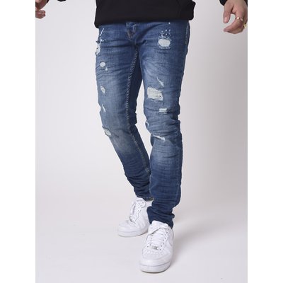 Jean slim bleu effet usé avec taches de peinture PROJECT X