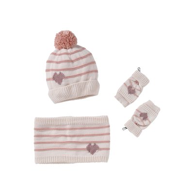 Ensemble bonnet + snood + moufles/mitaines rayures/coeur VERTBAUDET