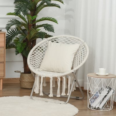 Loveuse fauteuil lune rond de jardin pliable macramé coton polyester beige OUTSUNNY