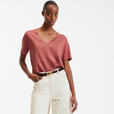 Tee shirt en lin col v manches courtes LA REDOUTE COLLECTIONS