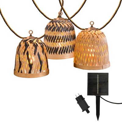 Guirlande lumineuse extérieur raccordable 10 abat-jour naturels en bambou LINA LIGHT HYBRID LED blanc chaud 8m solaire et sur secteur LUMISKY