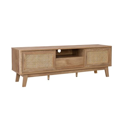 Meuble TV effet bois et cannage portes coulissantes 150cm MANI SWEEEK