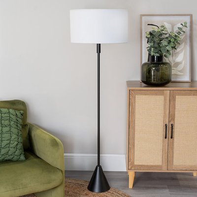 Black Wood Single Stem Triangle Floor Lamp with Fabric Drum Shade SO'HOME