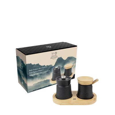 Moulin à poivre Bali fonte noir et sa coupelle à sel en coffret cadeau Bali Palais des épices PEUGEOT