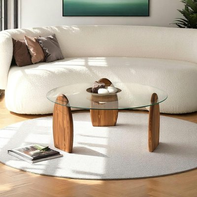 Table basse ronde en verre - 3 pieds bois brun ANZIO PIER IMPORT
