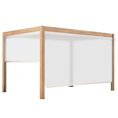 Pergola bioclimatique autoportée 4x3m motorisée/éclairée effet bois toit gris en aluminium avec 1, 2 ou 3 stores, KAVALA OVIALA