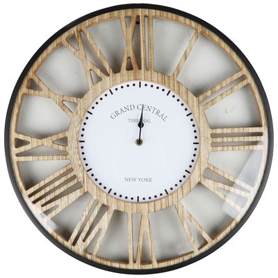 Horloge murale ronde métal noir et bois 50x50x4.5cm WADIGA