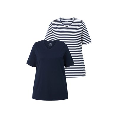 T-shirt, lot de 2, rayures/uni, col en V ULLA POPKEN