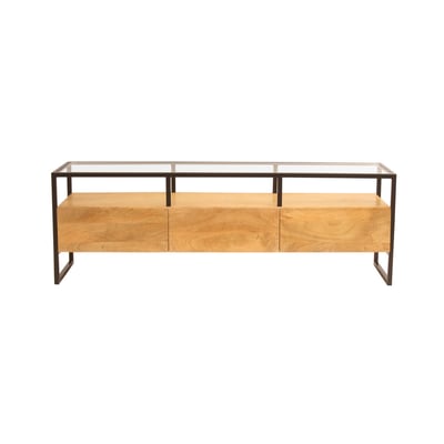 Meuble TV rectangulaire avec rangements en bois manguier massif, verre et métal noir L150 cm DIYA MILIBOO