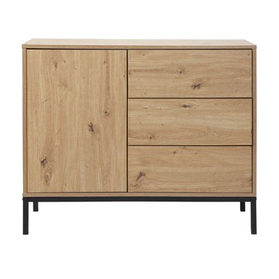 Commode 1 Porte 3 Tiroirs Décor Chêne L90 x H80 cm - LENNY CALICOSY