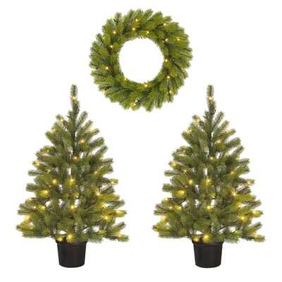 Lot de 2 sapins de Noël et 1 couronne d’extérieur avec LED NAGOYA BLACK BOX TREES