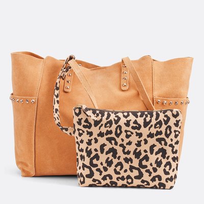 Handtas in soepel leer, pockettasje met luipaardprint LA REDOUTE COLLECTIONS