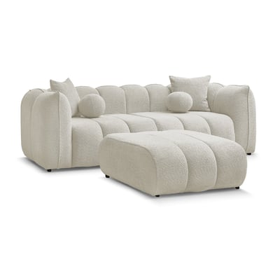 Canapé droit fixe 4 places en tissu bouclette avec pouf, DENVER BOBOCHIC