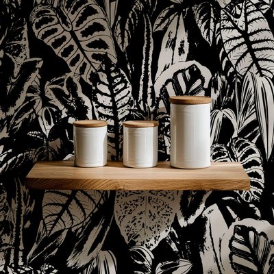 Papier peint avec feuilles de Colocasia noirs et blancs - 340x260 cm (l x h) LA TOUCHE ORIGINALE