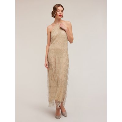 Robe longue avec doublure avec broderie de paillettes et franges de perles MOTIVI