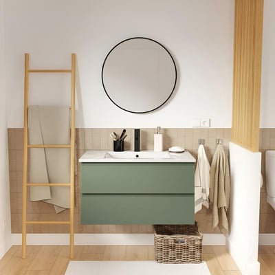 Meuble simple vasque 80cm décor chêne avec robinet et miroir SORRENTO MOB IN