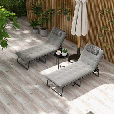 Lot de 2 transats pliables inclinables - matelas épais - métal tissu OUTSUNNY
