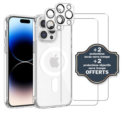 Coque Anti-choc compatible Magsafe pour Iphone 14 Pro Transparente + 2 protections écran et 2 protections objectif caméra EVETANE
