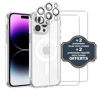 Coque Anti-choc compatible Magsafe pour Iphone 14 Pro Max Transparente + 2 protections écran et 2 protections objectif caméra EVETANE