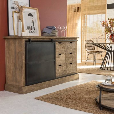 Buffet en bois de manguier brossé et métal noir 6 tiroirs  HELSINKI MADE IN MEUBLES 