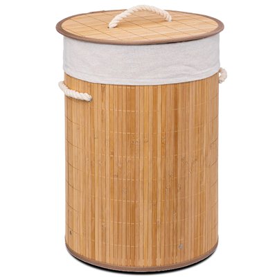 Panier à linge rond en bambou et intérieur amovible en tissu 48L WADIGA