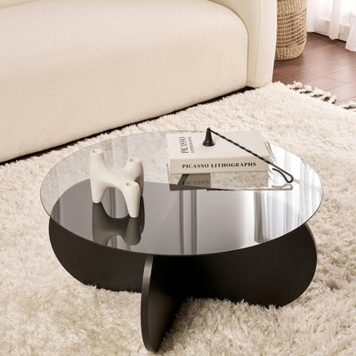 Table basse noire plateau verre – pied croix effet bois SALTA PIER IMPORT