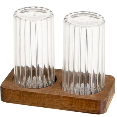 Salière et poivrière en verre strié et plateau bois 11x6x8.5cm WADIGA