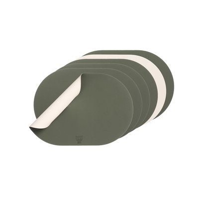 Set de table ovale réversible - 6 pièces - Cuir recyclé blanc crème et vert de gris BJORN
