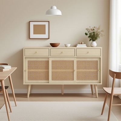 Buffet avec 3 portes et 3 tiroirs imitation chêne scandinave, DAVEABUFFET MEUBLES COSY