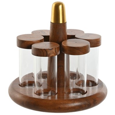 Set de 6 pots à épices en verre et plateau en acacia et inox doré 20.5x20.5x20cm WADIGA
