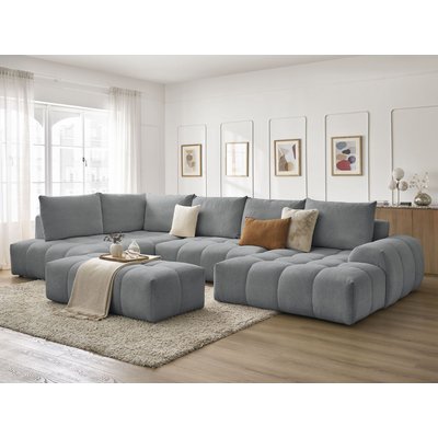 Canapé panoramique convertible 7 places en tissu chiné avec pouf, EVEREST BOBOCHIC