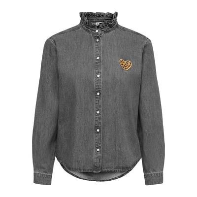 Chest Heart Denim Mandarin Collar Blouse ONLY