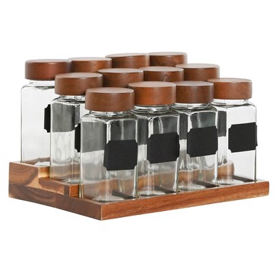 Set de 12 pots à épices en verre et support en bois 20.5x16.5x13cm WADIGA