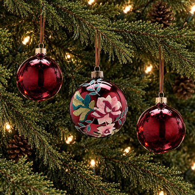 Set of 3 Embroidered & Glass Baubles SO'HOME
