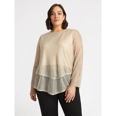 T-shirt en jersey fil textile couleur or avec un léger motif fleuri argenté et bas asymétrique FIORELLA RUBINO