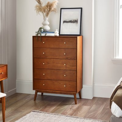 Elijah Retro Ash Wood  Tallboy Chest of 5 Drawers SO'HOME