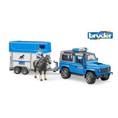 Véhicule de police Land Rover Defender avec remorque pour chevaux BRUDER