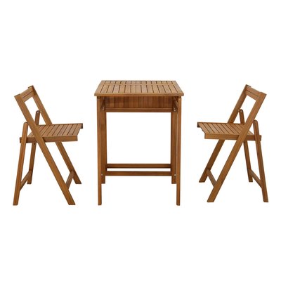 Set de 2 chaises pliantes et 1 table de balcon rabattable avec rangement en bois massif PRADO MILIBOO