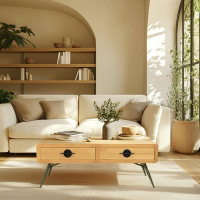 Table de salon bois clair et pieds métal vert BAGAN PIER IMPORT