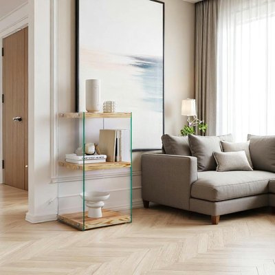 Colonne vitrine design - bois clair, 3 plateaux LHASA PIER IMPORT