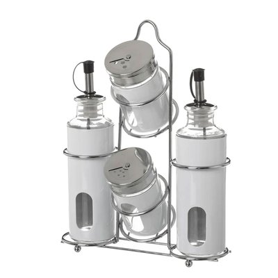 Set huile, vinaigre, poivre et sel avec support en métal chrome et blanc WADIGA