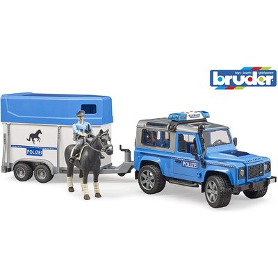 Véhicule de police Land Rover Defender avec remorque pour chevaux BRUDER