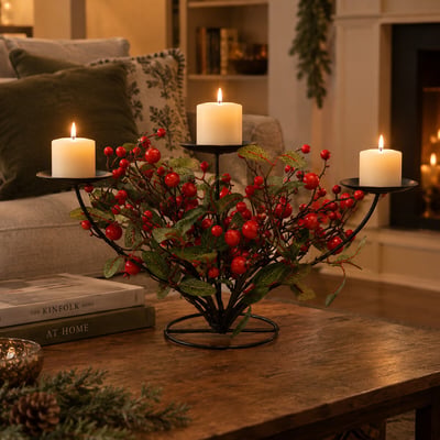 43cm Heritage Noel Red Berry Triple Candle Holder SO'HOME