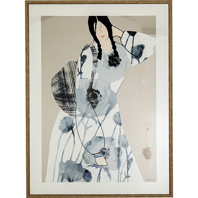 Tableau femme élégante avec cadre effet bois et verre RECOLLECTION