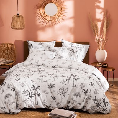 Parure de lit 2 personnes imprimée 100% coton, GRAVURE TROPICALE MATT ET ROSE