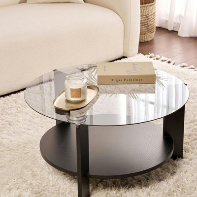 Table basse verre fumé double plateau - effet bois noir SALTA PIER IMPORT