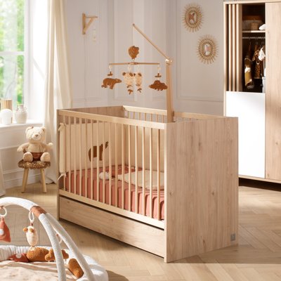 Lit bébé à barreaux en bois décor chêne suave avec matelas SAUTHON