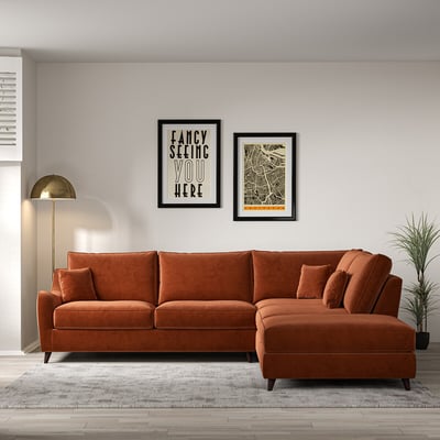 Amelia Velvet Corner Sofa & Modular Footstool Set with Dark Wood Legs (Right Facing) ÉDITÉ