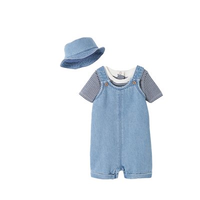 Ensemble naissance : salopette courte, body et bob VERTBAUDET