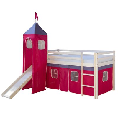 Lit Simple Blanc 90x200 en hauteur avec echelle Rideau et Tour Rouge et Toboggan HOMESTYLE4U